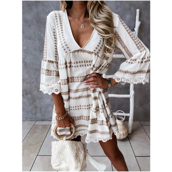 Boho Geo Stripes Floral Crochet hem Dress - Picture 5 of 8